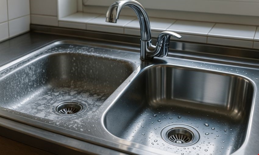 כיור כפול מנירוסטה עם אבנית בצד אחד וניקיון בשני.