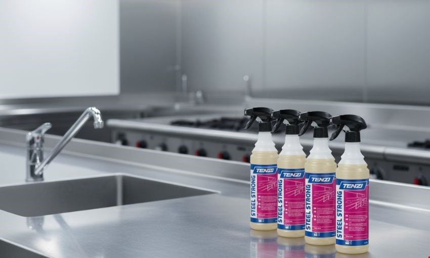 ארבעה תרסיסים לניקוי אבנית על שיש נירוסטה מבריק.