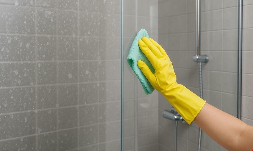 יד עם כפפה צהובה מנקה אבנית מדלת מקלחת זכוכית.