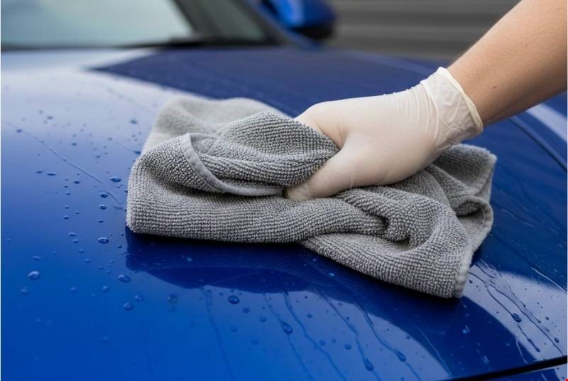 ייבוש רכב עם מגבת מיקרופייבר למניעת סימני מים