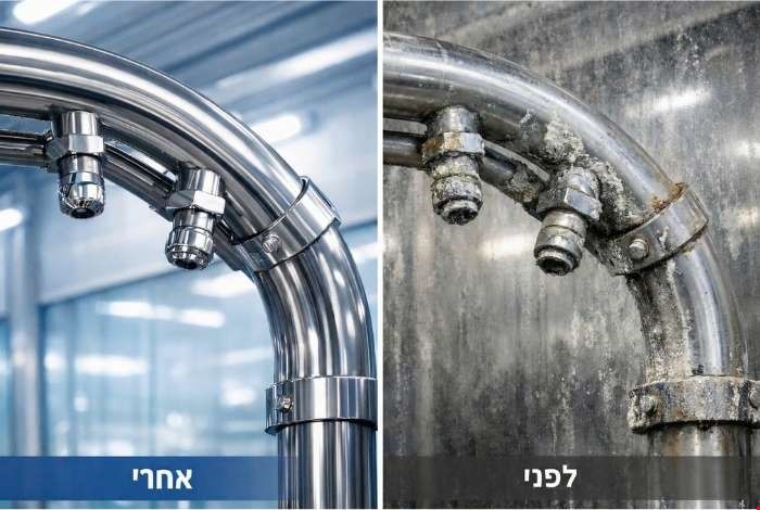 צינור מתכת לפני ואחרי ניקוי, מראה הצטברות אבנית לעומת תוצאה מבריקה.