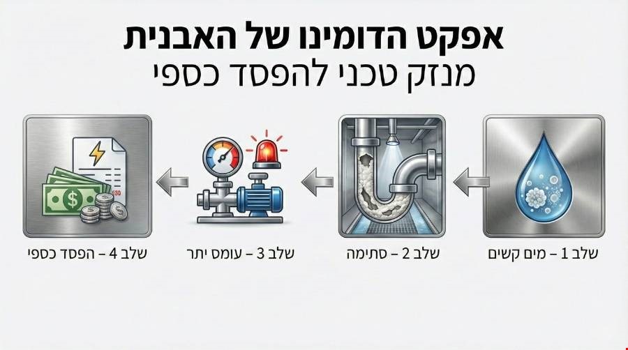אינפוגרפיקה של נזקי אבנית בצנרת ושלבי הפסד כספי.