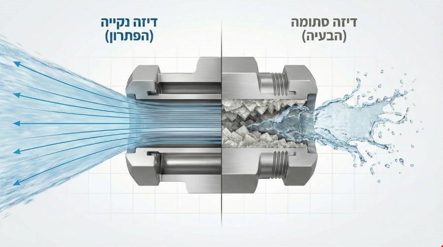 השוואה בין דיזה נקייה לדיזה סתומה בזרימת מים.